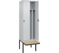 Taquilla con separación de ropa limpia/sucia Classic PLUS con banco, estrecha C+P, 2 secciones, pared separadora acortada en el centro