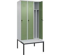 Taquilla con separación de ropa limpia/sucia Classic PLUS con banco, estrecha C+P, 3 secciones, pared medianera corta