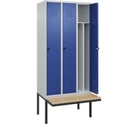 Taquilla con separación de ropa limpia/sucia Classic PLUS con banco, estrecha C+P, 3 secciones, pared separadora acortada en el centro