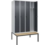 Taquilla con separación de ropa limpia/sucia Classic PLUS con banco, estrecha C+P, 4 secciones, pared medianera corta