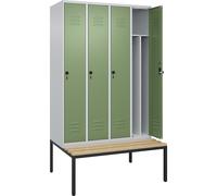 Taquilla con separación de ropa limpia/sucia Classic PLUS con banco, estrecha C+P, 4 secciones, pared separadora acortada en el centro