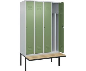 Taquilla con separación de ropa limpia/sucia Classic PLUS con banco, estrecha C+P, 4 secciones, pared separadora acortada en el centro