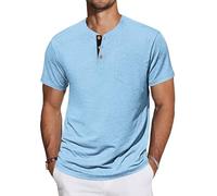 TARAINYA Camisetas Henley Hombre Algodón Manga Corta T-Shirt con Bolsillo para Verano Azul Claro L