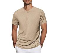 TARAINYA Henley Camisetas Hombre Algodón Manga Corta T-Shirt con Botones Diario/Oficio/Playa Caqui L