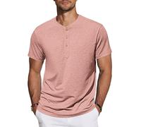 TARAINYA Henley Camisetas Hombre Algodón Manga Corta T-Shirt con Botones Diario/Oficio/Playa Rosa L