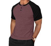 TARAINYA Henley T-Shirt Hombre Algodón Manga Corta Camisetas Casual Verano con Botones Regualr Fit Rojo Negro L