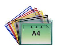 TARIFOLD Es 340009- Pack de 5 fundas Bolsas para colgar A4 horizontal con fuelle (gran capacidad: documentos, manuales, herramientas) 2 anillas metálicas - PVC - marco colores surtidos