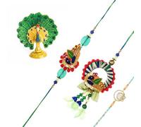 Tarini Gallery Juego de 3 Rakhi Lumba para Brother Bhaiya Bhai Bhabhi y Bhatija Indian Tradicional Festival Raksha Bandhan Bracelet Thread Rakhee Dori with Greeting Card Gift Pack, One Size, Plástico