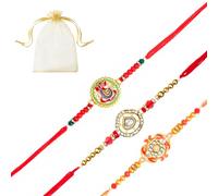 Tarini Gallery Juego de 3 Rakhi para Brother Bhaiya Bhai Bhabhi y Bhatija Indian Tradicional Festival Raksha Bandhan Bracelet Thread Rakhee with Greeting Card Gift Pack in Pouch/Potli Bag, One Size