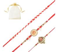 Tarini Gallery Juego de 3 Rakhi para Brother Bhaiya Bhai Bhabhi y Bhatija Indian Tradicional Festival Raksha Bandhan Bracelet Thread Rakhee with Greeting Card Gift Pack in Pouch/Potli Bag, One Size