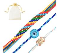 Tarini Gallery Juego de 3 Rakhi para Brother Bhaiya Bhai Bhabhi y Bhatija Indian Tradicional Festival Raksha Bandhan Bracelet Thread Rakhee Dori with Greeting Card Gift Pack in Pouch/Potli Bag, One
