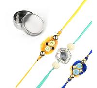 Tarini Gallery Juego de 3 Rakhi para Brother Bhaiya Bhai Bhabhi y Bhatija Indian Tradicional Festival Raksha Bandhan Bracelet Thread Rakhee Dori Gift Pack, One Size, Plástico, Sin gemas