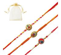 Tarini Gallery Juego de 3 Rakhi para Brother Bhaiya Bhai Bhabhi y Bhatija Indian Tradicional Festival Raksha Bandhan Bracelet Thread Rakhee with Greeting Card Gift Pack in Pouch/Potli Bag, One Size