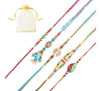 Tarini Gallery Juego de 5 Rakhi Lumba para Brother Bhabhi y Bhatija Bhai Bhaiya Indian Tradicional Festival Raksha Bandhan Bracelet Thread Rakhee Dori with Greeting Card Gift Pack in Pouch/Potli Bag