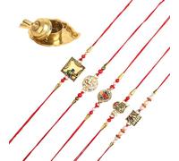 Tarini Gallery Juego de 5 Rakhi Lumba para Brother Bhabhi y Bhatija Bhai Bhaiya Indian Tradicional Festival Raksha Bandhan Bracelet Thread Rakhee Dori with Greeting Card Gift Pack, One Size, Plástico