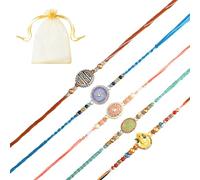 Tarini Gallery Juego de 5 Rakhi para Brother Bhabhi y Bhatija Bhai Bhaiya Indian Tradicional Festival Raksha Bandhan Bracelet Thread Rakhee Dori with Greeting Card Gift Pack in Pouch/Potli Bag, One