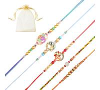 Tarini Gallery Juego de 5 Rakhi para Brother Bhabhi y Bhatija Bhai Bhaiya Indian Tradicional Festival Raksha Bandhan Bracelet Thread Rakhee Dori with Greeting Card Gift Pack in Pouch/Potli Bag, One