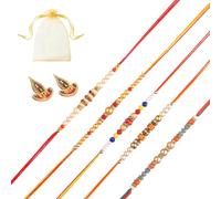 Tarini Gallery Juego de 5 Rakhi para Brother Bhabhi y Bhatija Bhai Bhaiya Indian Tradicional Festival Raksha Bandhan Bracelet Thread Rakhee Dori with Greeting Card Gift Pack in Pouch/Potli Bag, One