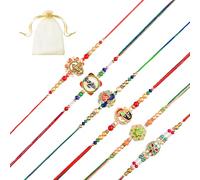Tarini Gallery Juego de 6 Rakhi para Brother Bhabhi y Bhatija Bhai Bhaiya Indian Tradicional Festival Raksha Bandhan Bracelet Thread Rakhee Dori with Greeting Card Gift Pack in Pouch/Potli Bag, One