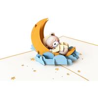 Tarjeta 3D desplegable con oso de peluche dormido en la luna, tarjeta de felicitación especial para nacimiento, bautizo, baby shower o cumpleaños infantil, incluye sobre blanco