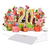 Tarjeta 3D desplegable para 20 cumpleaños y 20 aniversario de boda, temática de jardín con flores, mariposas y números dorados, tarjeta de aniversario para amigos, familiares y parejas