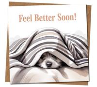 Tarjeta con texto en inglés "Feel Better Soon Dog Under Blanket Get Well Soon", 145 mm x 145 mm, bonita ilustración de cachorro, incluye sobre de papel kraft