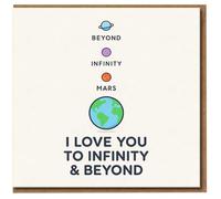 Tarjeta con texto en inglés "I Love You To Infinity & Beyond", bonita ilustración de planetas espaciales, tarjeta de amor/aniversario o día de San Valentín para pareja, interior en blanco