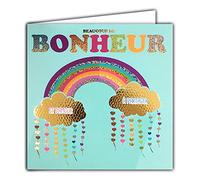 Tarjeta cuadrada dorada con texto en inglés "Museto de Bonheur y de amor a partite", diseño de nubes y corazones