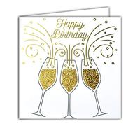 Tarjeta cuadrada dorada de cumpleaños con texto en inglés «Happy Birthday», copas de champán, vino, burbujas, fiesta
