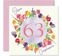 Tarjeta cumpleaños número 63 para mujer - Ramo flores tulipanes acuarela - Tarjetas feliz cumpleaños número 63 para mujer 63 años mamá abuela tía, 145 mm Sesenta y tres sexagésimo tercer cumpleaños