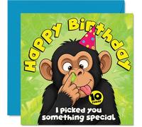 Tarjeta de 10º cumpleaños con texto en inglés "Go Wild with Birthday Laughs", diseño de mono de dibujos animados recogiendo su nariz en un sombrero de fiesta, divertido para un cuadrado memorable de