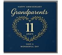 Tarjeta de 11 aniversario para abuelos, elegante corona de corazón dorado en azul marino, feliz aniversario, abuelos, 11 años, ten un día maravilloso