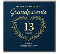 Tarjeta de 13 aniversario para abuelos, elegante azul marino con corona de corazón dorado, feliz aniversario, ten un día maravilloso