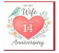 Tarjeta de 14 aniversario para mi esposa, corazón de acuarela, flores pastel y pajarito, tarjeta romántica para esposa