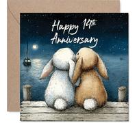 Tarjeta de 14 aniversario para mujeres y hombres, conejitos abrazados, tarjeta de feliz aniversario de 14 años para compañero, marido, novia, novio, tarjetas de felicitación de aniversario de boda de