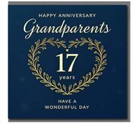 Tarjeta de 17 aniversario para abuelos, elegante corona de corazón de hoja dorada en azul marino, feliz aniversario, ten un día maravilloso