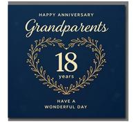 Tarjeta de 18 aniversario para abuelos, elegante azul marino con corona de corazón de hoja dorada, feliz aniversario, ten un día maravilloso