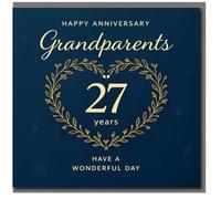 Tarjeta de 27 aniversario para abuelos, elegante azul marino con corona de corazón de hoja dorada, feliz aniversario, ten un día maravilloso