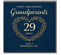 Tarjeta de 29 aniversario para abuelos, elegante azul marino con corona de corazón floral dorada, feliz aniversario, ten un día maravilloso