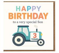 Tarjeta de 3er cumpleaños para hijo, diseño de tractor con texto en inglés "Happy Birthday to a Very Special Son" y "3 Today"