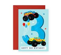 Tarjeta de 3er cumpleaños para niños, diseño de camión monstruo, divertida y colorida, regalo para niños, hijo, sobrino, nieto, niños pequeños de mamá, papá, familia, cumple 3 años, viene con
