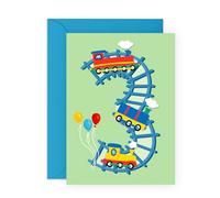 Tarjeta de 3er cumpleaños para niños y niñas - Bonito tema de tren - Regalos para niños, bebés, sobrinos, sobrinas, nietos, nietos, familiares, vecinos - Tres años de edad - Viene con pegatinas