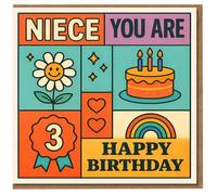 Tarjeta de 3er cumpleaños para sobrina, bloques retro coloridos con pastel, arco iris, corazones y margaritas, "Niece You Are 3 Happy Birthday"