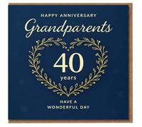 Tarjeta de 40 aniversario para abuelos, azul marino con corona de corazón dorado, feliz aniversario, ten un día maravilloso