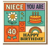 Tarjeta de 40 cumpleaños para sobrina, diseño retro de arcoíris, pastel y margaritas con texto en inglés "You Are 40" "Happy Birthday"