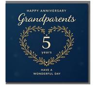 Tarjeta de 5º aniversario para abuelos, elegante corona de corazón dorado en azul marino, feliz aniversario, con texto en inglés "Have a Wonderful Day"