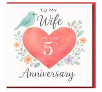 Tarjeta de 5º aniversario para mi esposa, corazón y flores con pajarito, tarjeta romántica para esposa