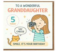 Tarjeta de 5º cumpleaños para nieta, bonito diseño de cámara y gato, para una maravillosa nieta, 5 hoy, di queso, sonríe, es tu cumpleaños