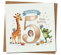 Tarjeta de 5º cumpleaños para niño, diseño de animales Five Today, cuadrada, 145 mm x 145 mm, incluye sobre de papel kraft
