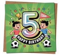 Tarjeta de 5º cumpleaños para niño, diseño de fútbol, 145 mm x 145 mm, cuadrada, incluye sobre de papel kraft